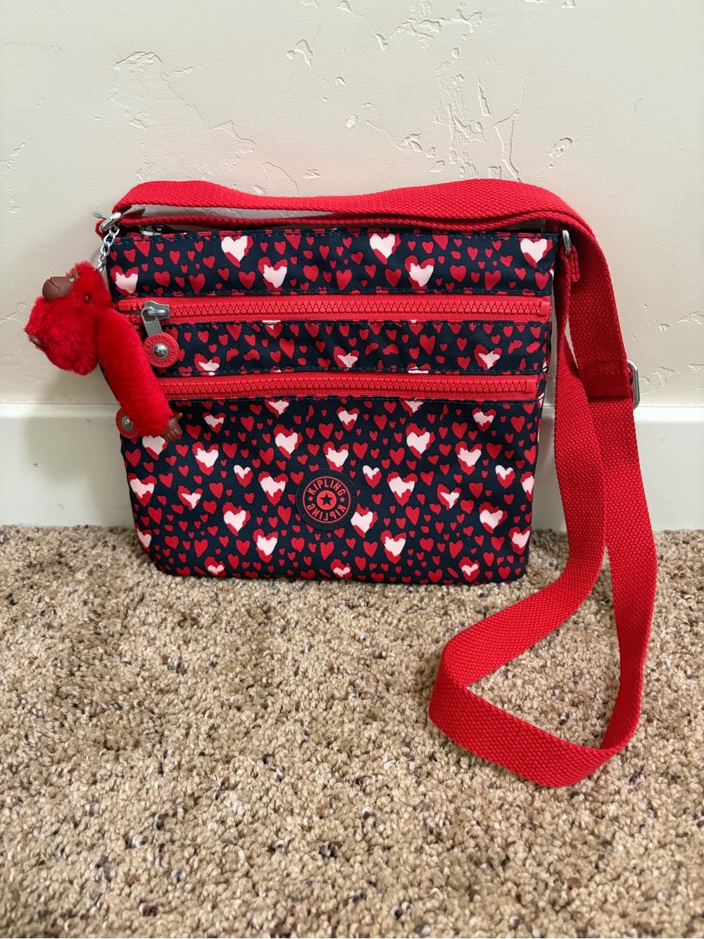 Kipling Abner Crossbody Bag, Heart Festival, Red